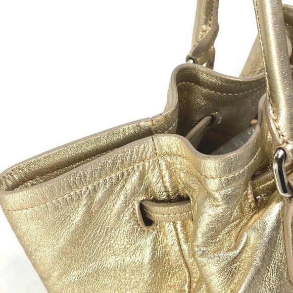 PRADA Shoulder Bag Logo fringe bag drawstring Tote Bag Leather Gold - Picture 7 of 13